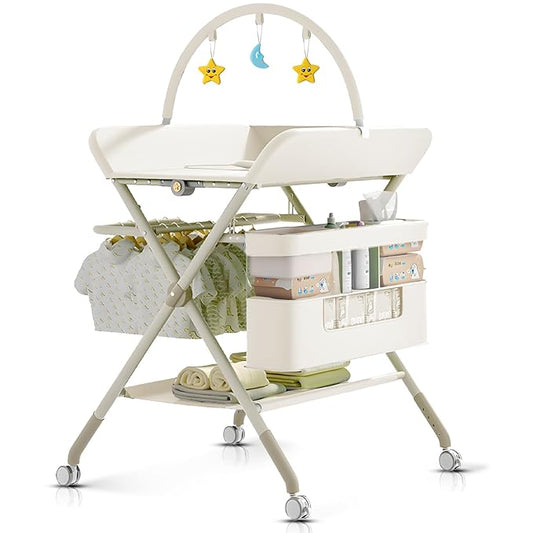 Changing Table, Portable Baby Changing Table with Wheels, Upgraded Foldable Diaper Changing Station with 5-Level Adjustable Height & Large Nursery Organizer Storage for Newborn Infant (Beige)
