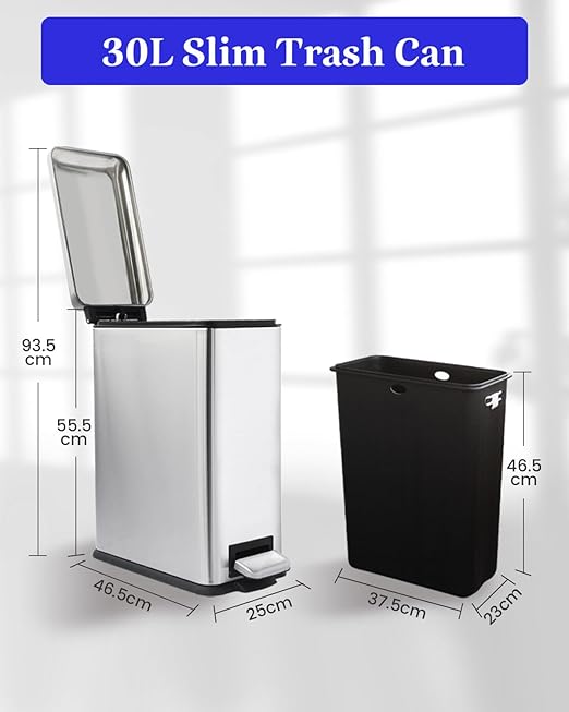 8 Gallon Kitchen Trash Can, Stainless Steel Step Pedal Trash Can with Inner Bucket, Soft Close Lid and Stays Open for Apartments, RVs, Dorms, Offices, or Bathrooms