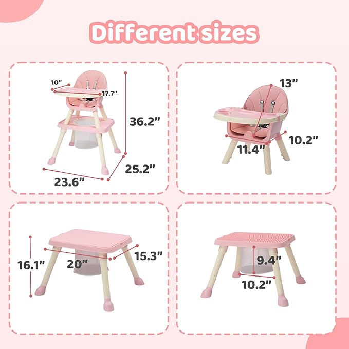 JOYMOR 7 in 1 High Chair for Babies and Toddlers, Convertible Kids Learning Table and Chair with Large Baske for Storage (Pink)