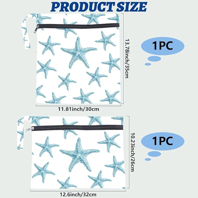 2Pcs 2 Sizes Starfish Wet Bag Swimsuit Beach Wet Bags Ocean Theme Polyester Waterproof Sandproof Reusable Storage Zipper Pouch for Friends Makeup Swimsuit Travel Dirty Diaper Clothes Gifts