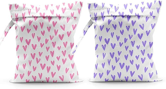 Waterproof Cloth Diaper Wet Dry Bag Reusable Travel Beach Pool Daycare Soiled Toddler Items Yoga Gym Bag for Swimsuits Wet Clothes Bags - 2pcs Love Heart Themed Pattern