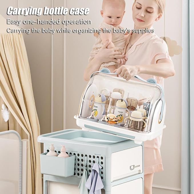 Baby Bottle Drying Rack Storage with 3 Brush, Nursing Bottle Storage Box Organizer with Cover, Portable Kitchen Cabinet Organizer, Durable countertop Dryer (Blue)