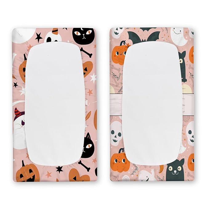 KAINSY Personalized Halloween Pumpkin Print Changing Pad Cover, Custom Diaper Change Table Sheets with Name, Pink Ghost Soft Jersey Knit Change Table Sheets, 2 Pack Changing Pad Covers (16" x 32")