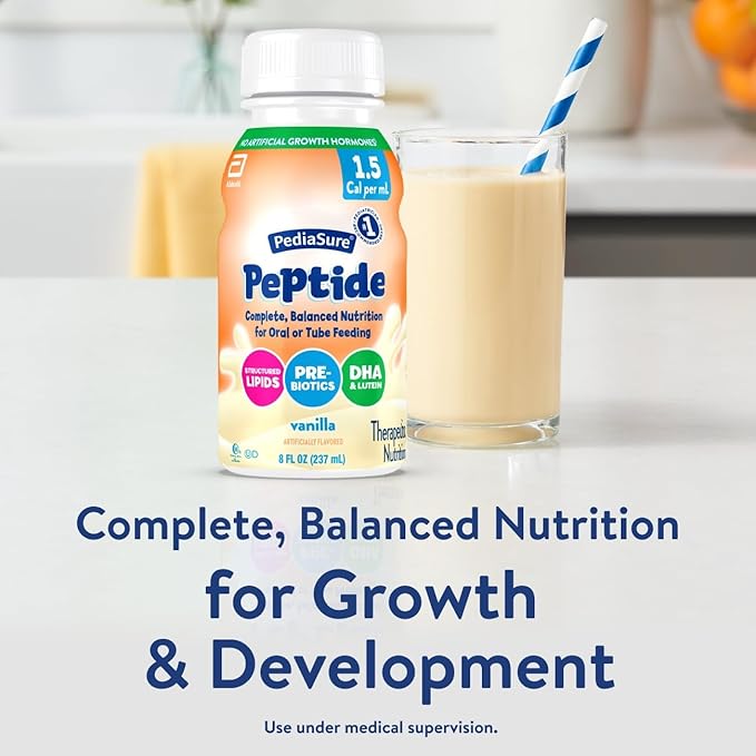 PediaSure Peptide 1.5 Cal, Peptide-Based Formula, Complete, Balanced Nutrition for Oral or Tube Feeding, Vanilla, 8-fl-oz Bottle, Pack of 24