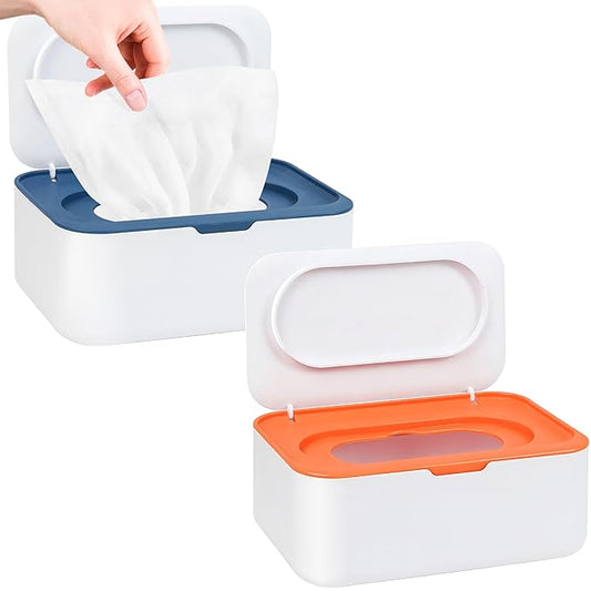 2Pcs Wipe Dispenser, Reusable Baby Wipe Holder Refillable Wipes Container, Easy Open & Close Wipes Pouch Case with Lid for Bathroom Baby Nursery Kitchen Office Travel (Blue/Orange)