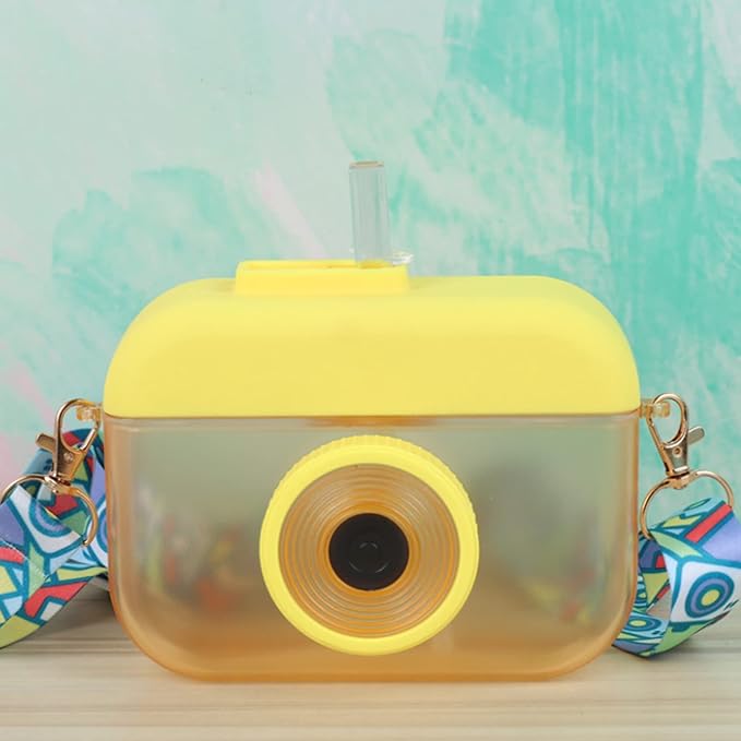 13 oz Cute Water Bottle with Straw - Camera Shape Water Cup with Adjustable Shoulder Straps - Ideal Kawaii Gift for School (Yellow)