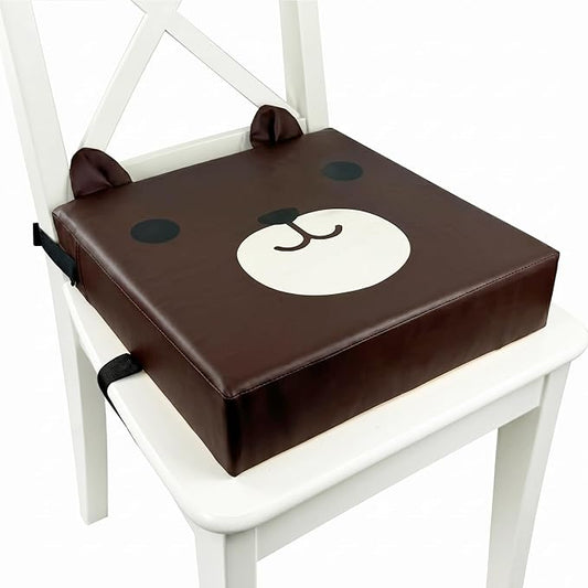 Toddler Booster Seat for Dining Table, Waterproof PU Cover, Non-Slip Foam Cushion with Dual Adjustable Straps, Portable Booster Seat for Kitchen Chairs (Brown-Bear)