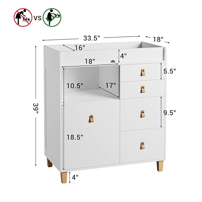 Timechee Baby Changing Table Dresser, 33.5" Baby Nursery Dresser with Drawers & Shelf, Wooden Storage Cabinet Chest w/Changing Station for Infant Kids Bedroom, White