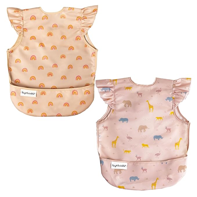 Tiny Twinkle Mess Proof Baby Bibs | 2 Pack Waterproof Toddler Bib for Eating | Baby Apron for Feeding, Machine Washable, Perfect Shower Gift (Boho Rainbow,Petite Safari, 6–24M)