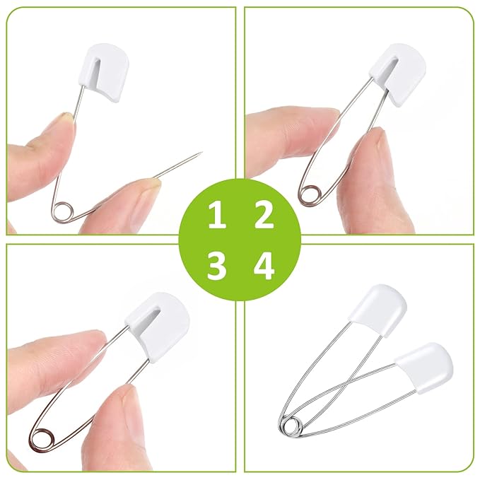 100 Pcs Diaper Pins, 2.2in Diaper Pins for Cloth Diapers Heavy Duty, Stainless Steel Baby Safety Pins, Plastic Head Baby Pins with Safe Locking Closures (White)