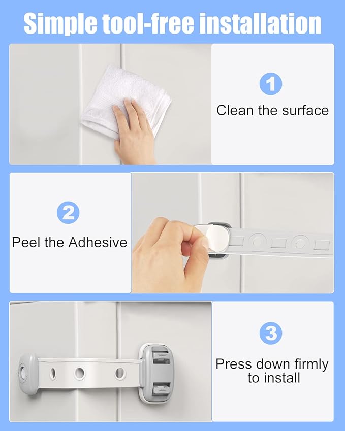 Fridge Locks,Refrigerator Door Lock,Child Proof Safety Cabinet Lock with Strong Adhesives,Fridge Locks for Kids,Adjustable Strap Multi-Purpose for Cabinet,Drawers,Freezer,Oven (2 Count (Pack of 1))