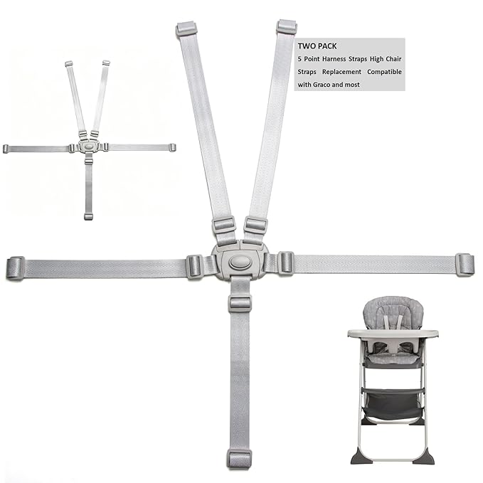 Two Pack High Chair Straps Set: 5 Point High Chair Straps Replacement Compatible with Graco and Most, Adjustable Sturdy Safety Strap Belt