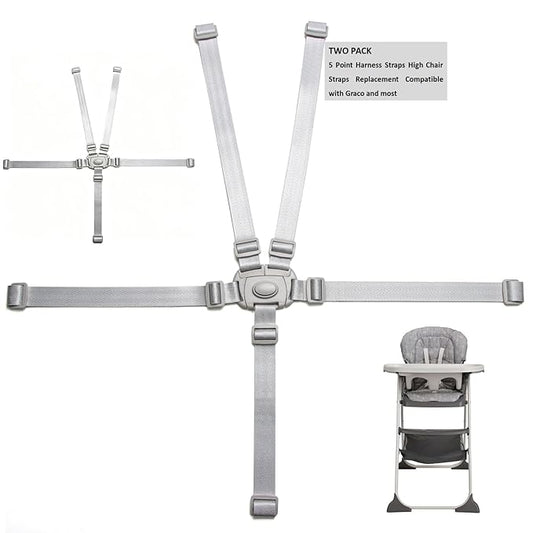 Two Pack High Chair Straps Set: 5 Point High Chair Straps Replacement Compatible with Graco and Most, Adjustable Sturdy Safety Strap Belt