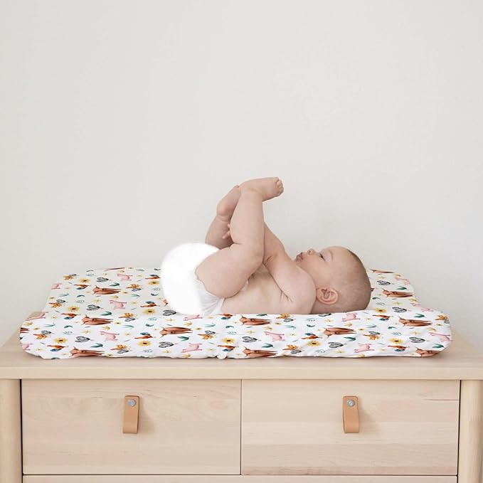 Watercolor Farm Animals Baby Changing Pad Covers Yak Pigs Rooster Hens Boho Sunflowers Leaves Diaper Change Table Pad Cover for Boys Girls Soft Stretch Fitted Changing Mat Sheets 32''x16''