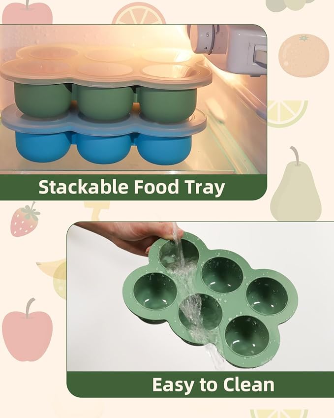 Baby Food Freezer Tray with Lid, 6 x 3 Ounce Silicone Freezer Molds Storage Container for Homemade Baby Food, Breast Milk, Fruit Puree & Vegetables (Green)