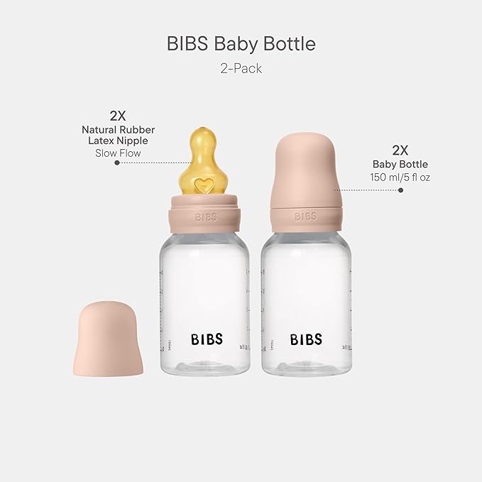 BIBS Baby Bottles 2-Pack, 5 Oz, Round Latex Nipple, Anti-Colic System for Gas Reduction., BPA-Free, Lightweight & Easy to Clean, Suitable for Newborns 0+ Years - 150ml (Pack of 2) Blush