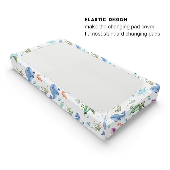 Colorful Sea Animals Changing Pad Cover Ocean Turtle Whale Jellyfish Sea Horse Weeds Sealife Diaper Change Table Pad Cover for Boys Girls Soft Stretch Fitted Changing Mat Sheets Cover 32''x16''