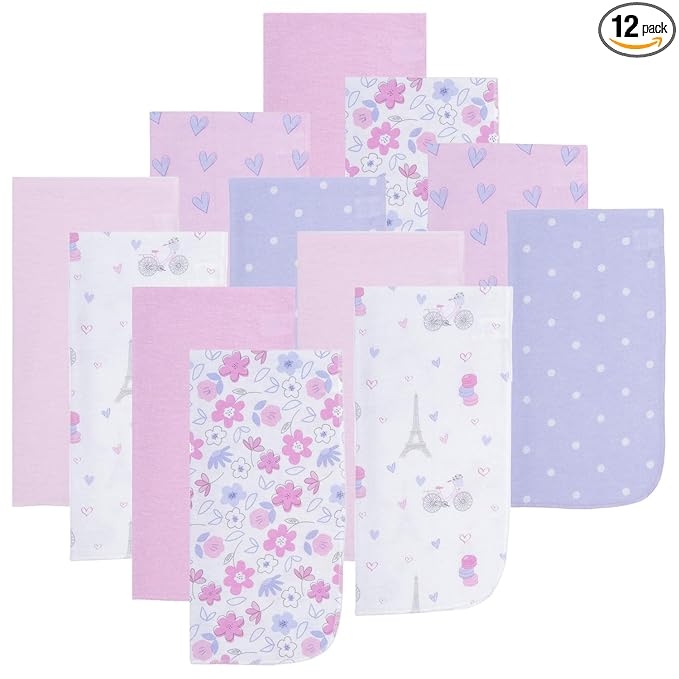 EVERYDAY KIDS 12 Pack Burp Cloths for Baby Girl - Paris, Flowers and Hearts