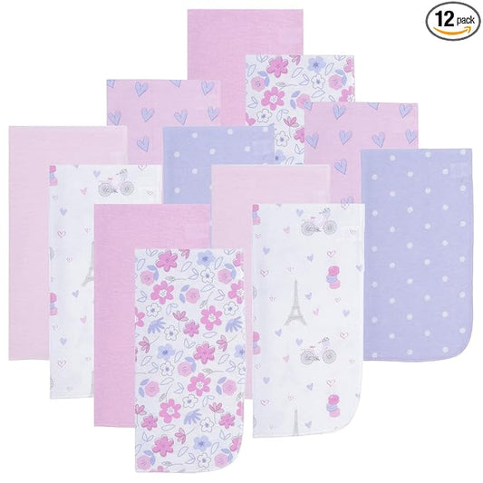 EVERYDAY KIDS 12 Pack Burp Cloths for Baby Girl - Paris, Flowers and Hearts