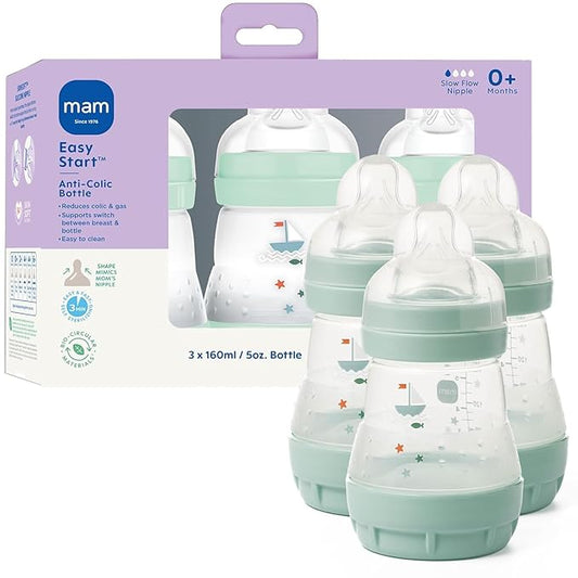 MAM 5oz Easy Start Anti-Colic Wide Neck Vented Baby Bottle, Slow Flow Breastfeeding-Like Nipple,Reduces Colic Gas & Reflux, Easy Clean, BPA Free,0+ Months, Made in Europe,Bonus Medium Flow Nipple