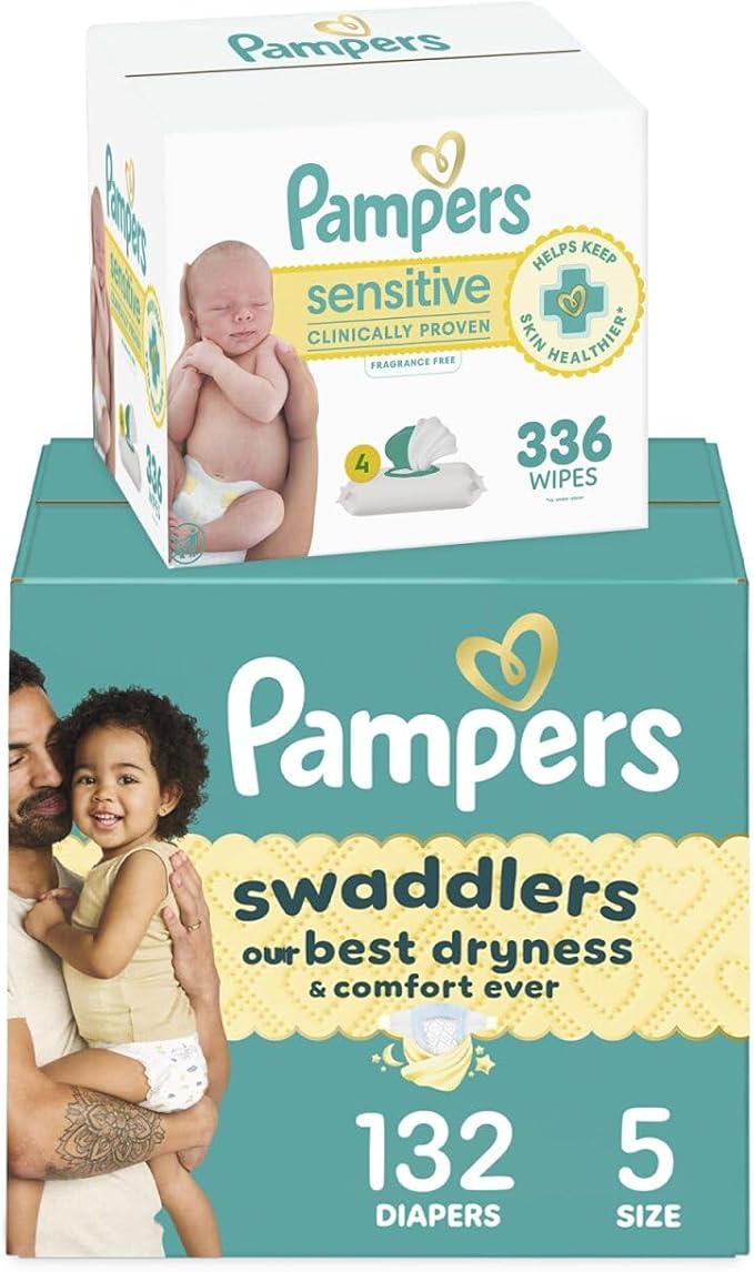 Pampers Swaddlers Disposable Baby Diapers Size 5, 132 Count with Sensitive Water Based Baby Wipes 4X Pop-Top Packs (336 Count)