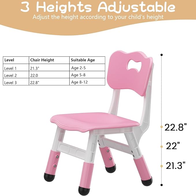 2-Pack Height-Adjustable Kids Plastic Chairs - Ergonomic Backrest, Non-Slip Feet, Durable, 82Kg Weight Capacity - For Home, Kindergarten, Classroom & Activities