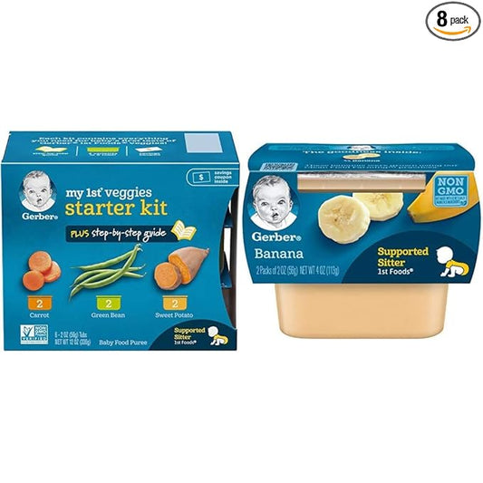 Gerber My 1st Veggies Starter Kit, Carrot, Green Bean & Sweet Potato Puree, 2 Ounce - 6 Count (Pack of 2) and Gerber 1st Foods Baby Food Banana Puree, Natural & Non-GMO, 2 Ounce Tubs, 2-Pack (Pack of 8)