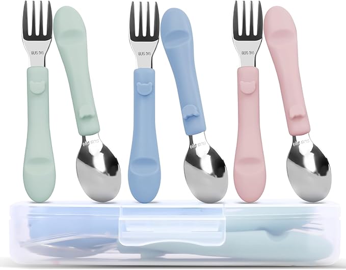 Bakpoco 6PCS Toddler Utensils, 316 Stainless Steel Baby Safe Forks + Spoons with Silicone Handle, BPA Free Dishwasher Safe Kids Silverware Cutlery with Box, Sage/Blue/Blush