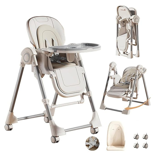 Nine point nine PU Leather High Chair with Swinging Function, Baby High Chair for Babies and Toddlers, Removable Double Tray Baby Seat Feeding Chairs (X8121 White)