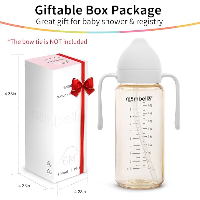 2 in 1 Baby Bottles n Straw Cup with Handle, Mombella Classic PPSU Baby Bottle & Sippy Cup, Toddler Water Bottle, Soft Silicone Fast Flow Nipple, BPA Free Transition Cup for 6 Months+, 10oz, Ivory