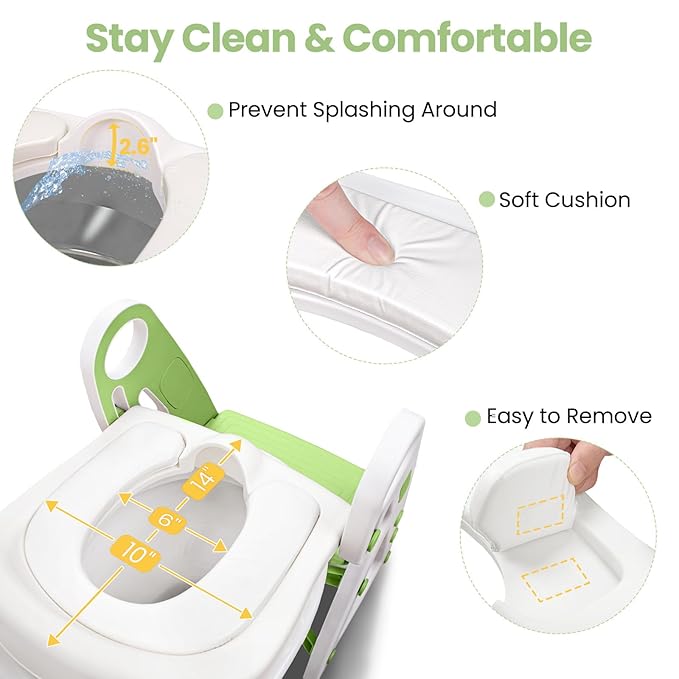 Potty Training Seat, Primlect Upgrade Ultra-Stable Toddler Toilet Seat for Kids Boys Girls, 2 in 1 Potty Training Toilet with Step Stool, Adjustable Seat and Ladder, Non-Slip Pad, Splash Guard (Green)