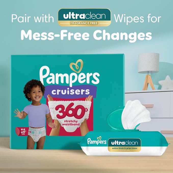 Pampers Pull On Cruisers 360° Fit Disposable Baby Diapers Size 4, 144 Count with Free & Gentle Baby Wipes 12 Flip-Top Packs (936 Wipes Total)