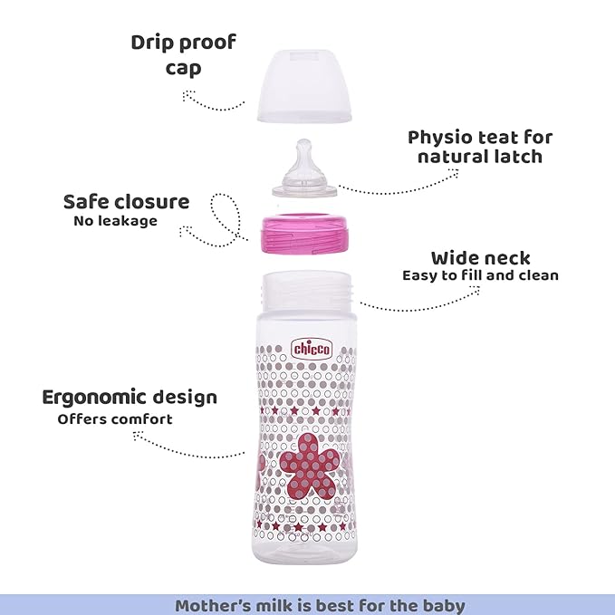 Chicco Well-Being 330 ml Feeding Plastic Bottle, Advanced Anti-Colic System, BPA Free, Hygienic Silicone Teat (Pink)