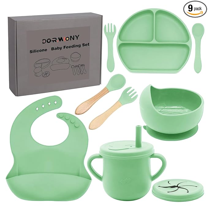100% Silicone baby feeding set,BPA free Baby dishes set with Suction Bowl Divided Plate,Toddler Self Feeding Dish Set with Spoons Forks Sippy Cup And Bib, Baby Eating Utensils (Neon Green)
