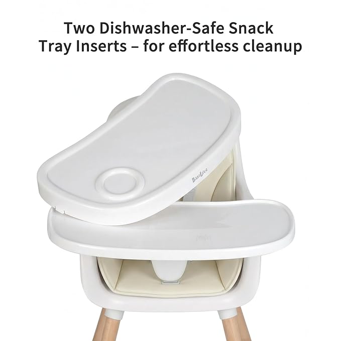 Baby High Chair Wooden Highchair with Removable Tray, Adjustable Legs, Cushion, 5-Point Harness & Footrest, Cream