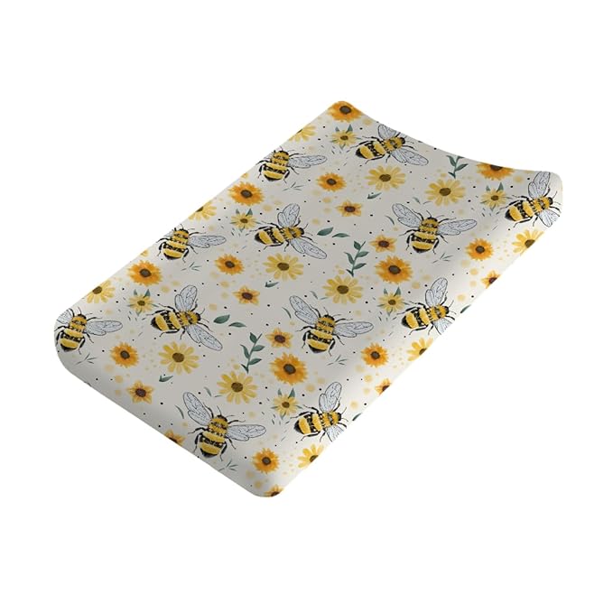 Watercolor Bees Boho Sunflowers Leaves Changing Pad Covers for Baby Toddler, 32''x16'' Bee Pattern Polyester Fitted Changing Pad Sheets
