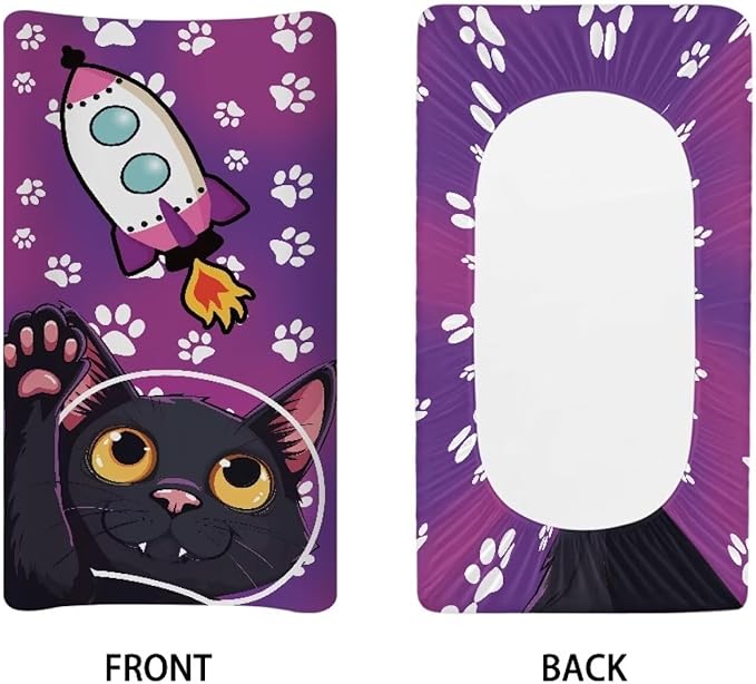 Black Cat Astronaut Changing Pad Covers Waterproof Baby Diaper Change Table Covers, Decorative Covers for Change Contoured Pad Nursing Room Decor