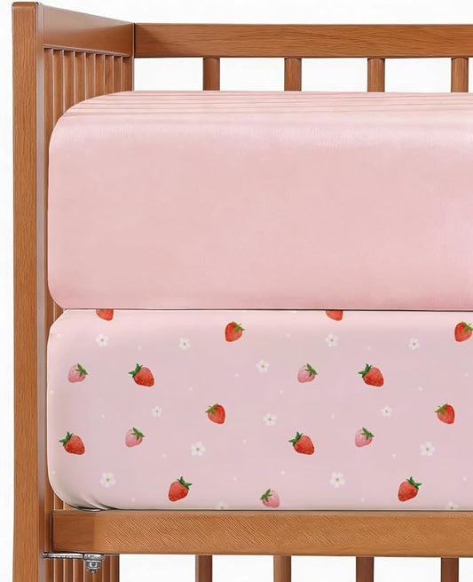 Baby Crib Sheets for Boys & Girls - Pack of 2 Fitted Microfiber Crib Sheets for Standard Crib & Toddler Mattress - Breathable & Wrinkle Free - Machine Washable - Oeko Tex - 52x28x8in - Strawberries