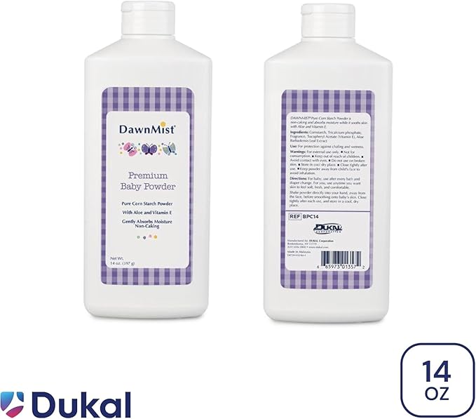 Dukal DawnMist Premium Baby Powder – 14 oz | Talc-Free, Hypoallergenic, with Aloe & Vitamin E | Soothes and Protects Delicate Skin