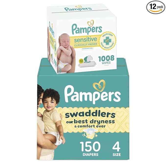 Pampers Swaddlers Disposable Baby Diapers Size 4, 150 Count with Sensitive Water Based Baby Wipes 12 Flip-Top Packs (1008 Wipes Total)