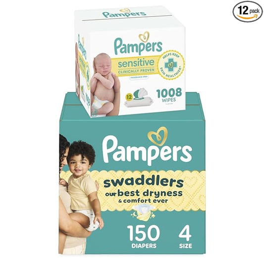 Pampers Swaddlers Disposable Baby Diapers Size 4, 150 Count with Sensitive Water Based Baby Wipes 12 Flip-Top Packs (1008 Wipes Total)