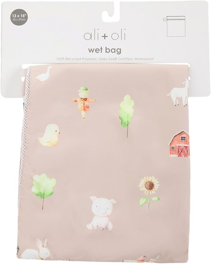 Ali+Oli Water Resistant Dual-Compartment Wet-Dry Bag for Travel, Hook to Stroller, Daycare, Diapers, Diaper Bag, Clutch Bag,15x12 inches (Farm)