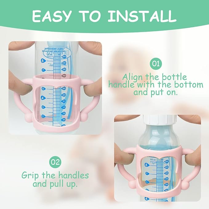 Aolso Silicone Baby Bottle Handles, 2PCS Bottle Handles for Dr Brown Narrow Bottles, Easy Grip Handles to Hold Baby Bottle, Easy Carry Handle Lightweight Bottle Handle(Pink/Orange)