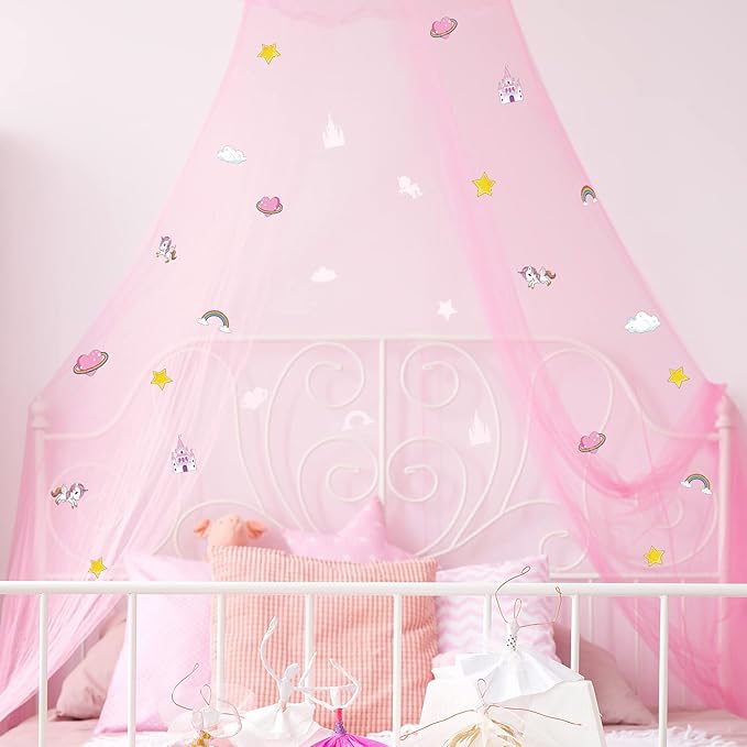Stars Glow in The Dark Bed Canopy for Girls Unicorn Room Decor - Pink Bed Canopy Crib Mosquito Net Fluorescent Mosquito Net Hanging