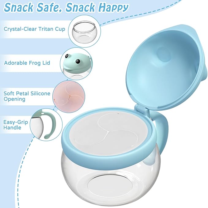 SELEWARE Spill-Proof Toddler Snack Cups 4-Pack - No Mess Snack Catcher with Handle, BPA-Free Tritan & Silicone - No Spill Snack Container for Kids, Baby & Toddlers - Cute Frog Design, Dishwasher Safe