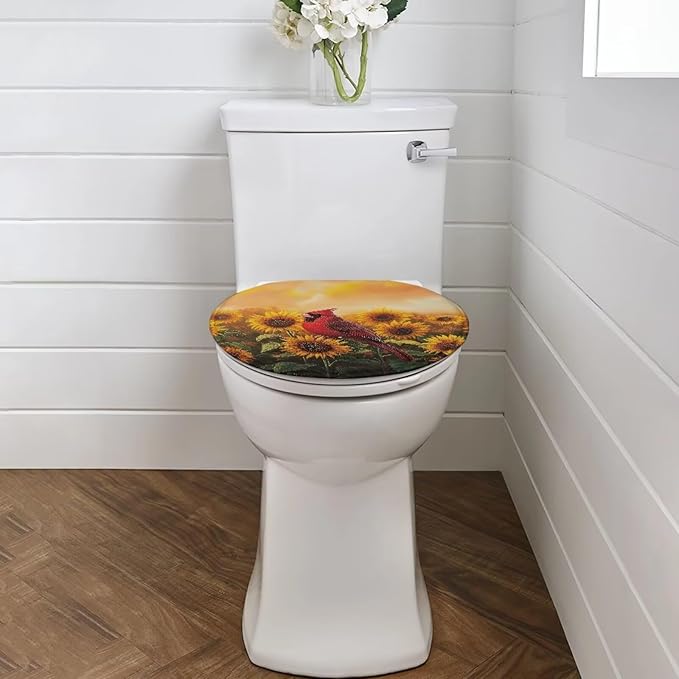 Cardinal Bird with Sunflower Toilet LId Cover Elastic Bottom Soft and Breathable Seat Covers Toilet Seat Cover Set Washable Reusable Toilet Seat Lid Cover