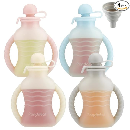 PandaEar 4 Pack Reusable Baby Food Pouches with Double Handles, Silicone Squeeze Pouches for Toddlers, Refillable 4oz Food Storage Bags for Puree, Yogurt, Smoothies - Includes Collapsible Funnel