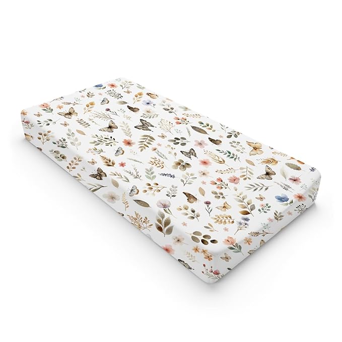 Retro Boho Floral Leaves Butterflies Changing Pad Cover Botanic Garden Spring Diaper Changing Table Sheets for Girl Boy Wild Plants Soft Breathable Stretchy Baby Changing Table Mats Sheets 32''x16''