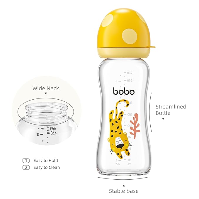 YOHKOH Natural Glass Baby Bottle with Level 2 Medium Flow Nipple, Newborn Anti-Colic Baby Bottles, Wide Neck Mushroom Baby Glass Bottle (8.8ounce (Pack of 2), Yellow2)