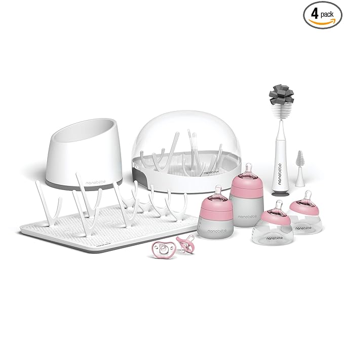 Nanobebe Breastmilk and Silicone Baby Bottle Ultimate Set Gen 2, 5oz and 9oz - with Sterilizer, Drying Rack, Anti-Colic Nipples, Pacifiers, and Warmer - Pink/Grey
